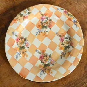 Vintage Ceramic Charger Plate Hand Painted Pottery Serving Platter Gold Rim Terracotta Piece Gingham Checkered Floral Pattern Farmhouse Cottage Kitchen Wall Display Peach White Design Dining Accent Hostess Gift Housewarming Present Ornate