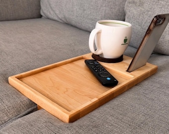Couch Organizer with Phone Holder & Cup Holder |Solid Walnut | No-Spill Sofa Tray | Slides Between Cushions