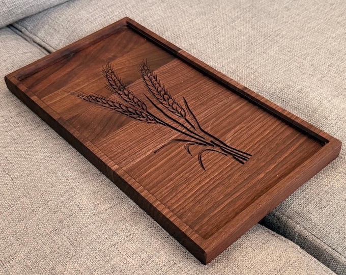 Solid Walnut Couch Tray | Cushion Table with Engraved Wheat Stalks