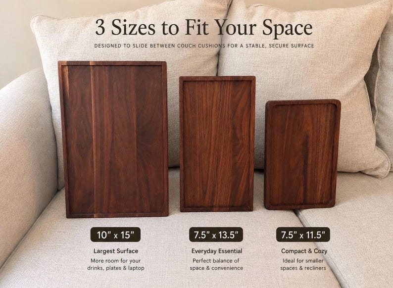 May include: Three rectangular dark wood trays in varying sizes. Text reads: 3 Sizes to Fit Your Space, 10" x 15", 7.5" x 13.5", and 7.5" x 11.5". The trays have raised edges and a smooth finish, designed to sit on furniture surfaces.