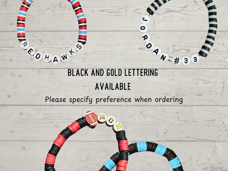 May include: Three beaded bracelets with white letter beads spelling "REDHAWKS", "JORDAN #33", and "MOM". The bracelets feature red, black, blue, and white beads. The text "BLACK AND GOLD LETTERING AVAILABLE" is also visible.