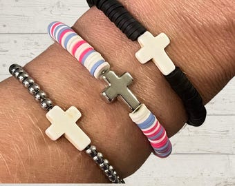 Cross Beaded Bracelet | Custom Cross Bracelet | Cross Heishi Bracelet | Stainless Cross Bracelet | Stackable Bracelet | Religious Gift
