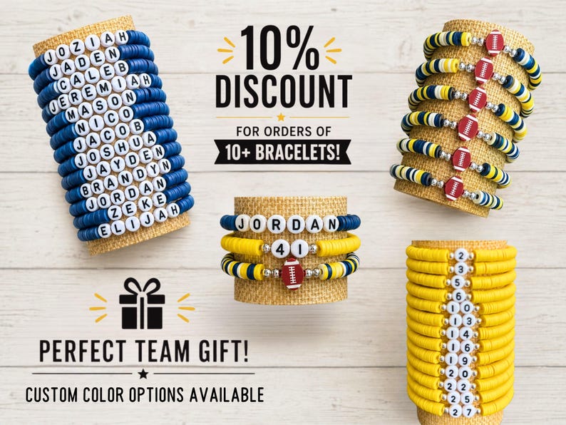 May include: Several personalized bracelets in blue, yellow, and white are displayed. Some bracelets feature names, others numbers, and some have football-themed charms. Text on the image reads "10% DISCOUNT" and "PERFECT TEAM GIFT!" with "CUSTOM COLOR OPTIONS AVAILABLE".