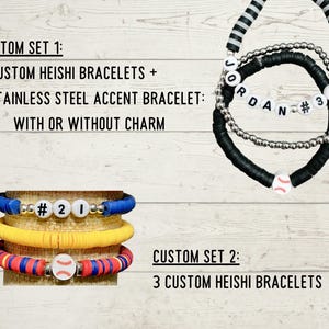 May include: Customizable bracelet sets featuring Heishi beads and stainless steel accents. One set includes the name "JORDAN" and the number "33" on a black and white bracelet. Another set has the number "21" and a baseball charm. The text reads "CUSTOM SET 1" and "CUSTOM SET 2".