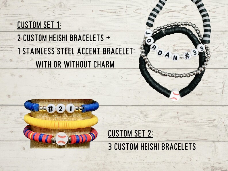 May include: Customizable bracelet sets featuring Heishi beads and stainless steel accents. One set includes the name "JORDAN" and the number "33" on a black and white bracelet. Another set has the number "21" and a baseball charm. The text reads "CUSTOM SET 1" and "CUSTOM SET 2".