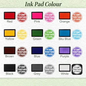May include: An image showcasing a variety of ink pads in different colors, including red, pink, orange, yellow, green, blue, brown, purple, black, grey, and white. Each pad is labeled with its color and accompanied by a circular stamp that reads "STAMP TOGETHER STUDIO."