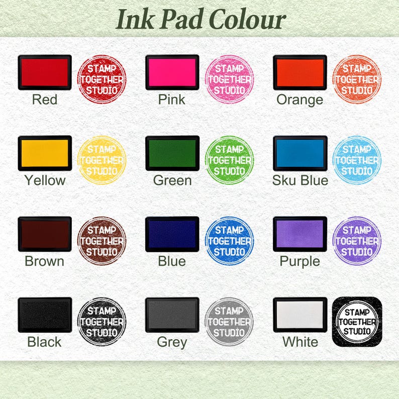 May include: An image showcasing a variety of ink pads in different colors, including red, pink, orange, yellow, green, blue, brown, purple, black, grey, and white. Each pad is labeled with its color and accompanied by a circular stamp that reads "STAMP TOGETHER STUDIO."
