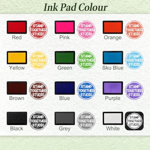 May include: A chart showing ink pad colors for stamping. The colors are red, pink, orange, yellow, green, sky blue, brown, blue, purple, black, gray, and white. Each color has a stamp with the text "Stamp Together Studio" in a circle around it.