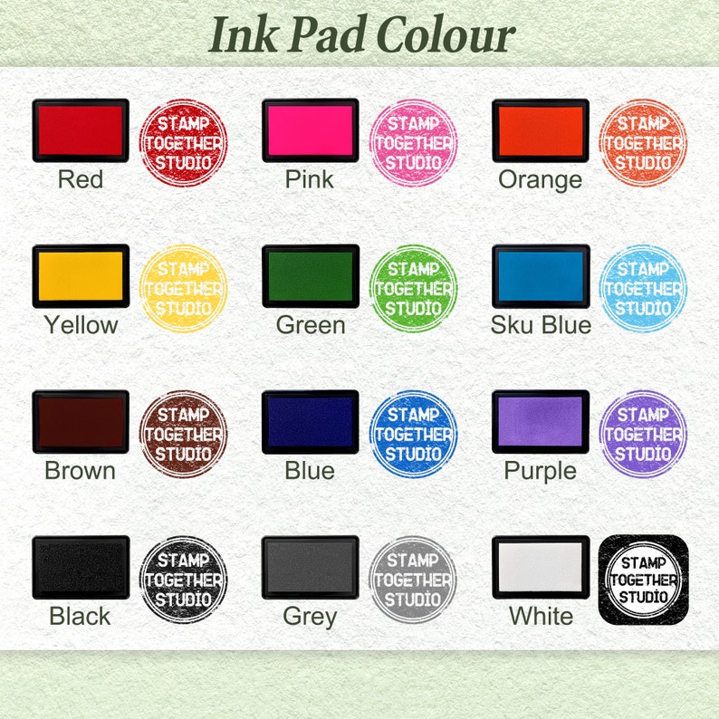 May include: A chart showing ink pad colors for stamping. The colors are red, pink, orange, yellow, green, sky blue, brown, blue, purple, black, gray, and white. Each color has a stamp with the text "Stamp Together Studio" in a circle around it.