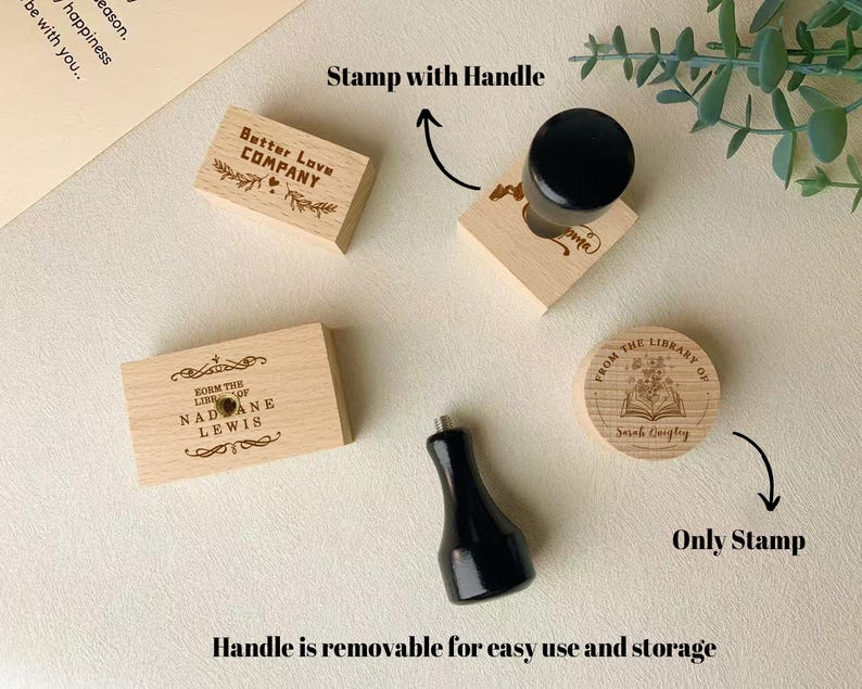 May include: A collection of wooden stamps with black handles. The stamps feature various designs and text, including "Better Love Company," "From the Library of Sarah Quigley," and personalized library stamps. The handle is removable for easy use and storage.