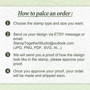 May include: A guide titled "How to place an order" on a light green background. The steps include choosing a stamp type and size, sending a design via Etsy message or email, approving a proof, and the order being made and shipped.