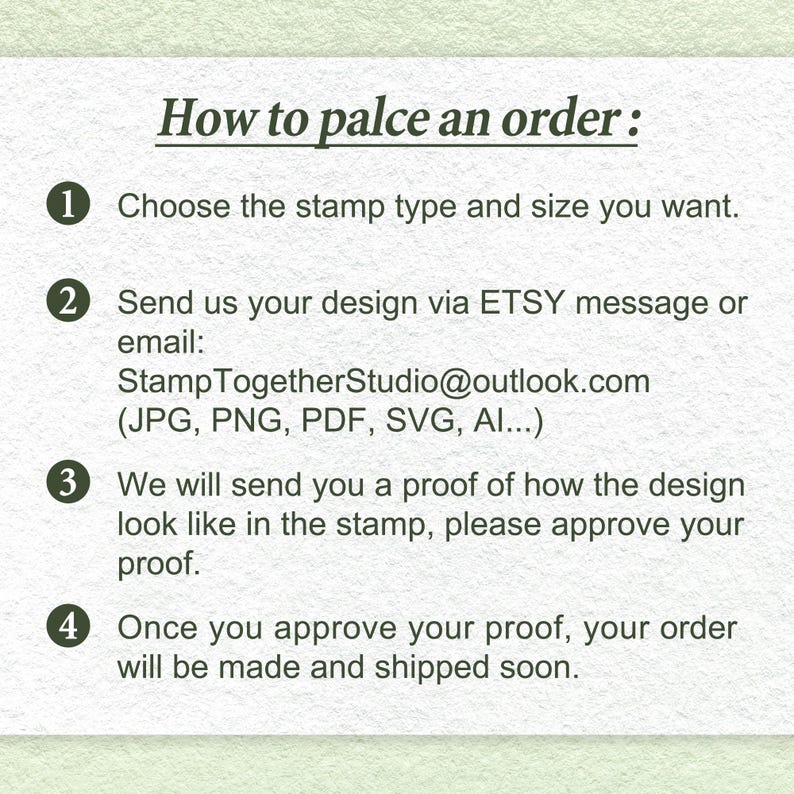 May include: A guide titled "How to place an order" on a light green background. The steps include choosing a stamp type and size, sending a design via Etsy message or email, approving a proof, and the order being made and shipped.