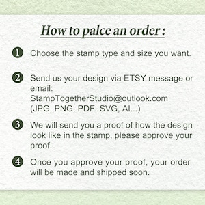 May include: A green and white illustrated guide with numbered steps on how to place an order for custom stamps. The steps include choosing the stamp type and size, sending a design via Etsy message or email, approving a proof of the design, and shipping the order.