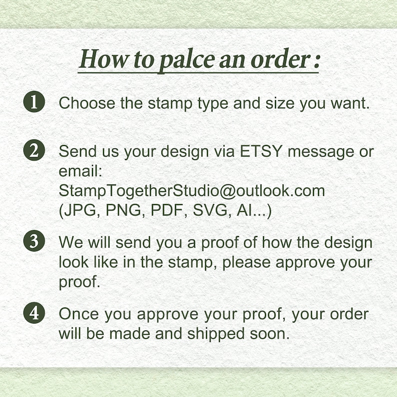 May include: A green and white illustrated guide with numbered steps on how to place an order for custom stamps. The steps include choosing the stamp type and size, sending a design via Etsy message or email, approving a proof of the design, and shipping the order.