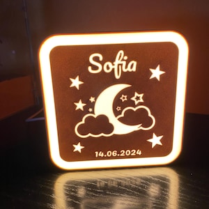 Personalized LED night light - &quot;Moon and Stars&quot; motif | 3D printing | Customizable motif, text, and date | USB connection | Handmade