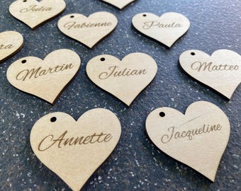 Personalized Wooden Heart Place Cards – Wedding Name Cards | Laser Cut & Engraved | 6/12/20 Pieces