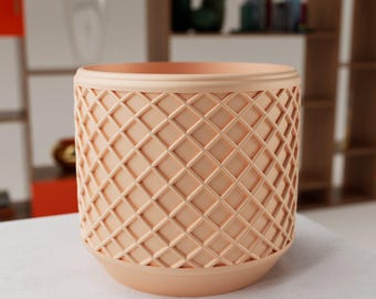 Flowerpot with drainage and saucer, sustainable made of PLA, 3D printed grid design in various colors and sizes
