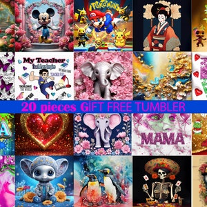 Puede incluir: Un collage de 20 dise&ntilde;os diferentes de pintura de diamantes. Los dise&ntilde;os incluyen personajes de pel&iacute;culas y dibujos animados populares, animales y patrones abstractos. Los dise&ntilde;os son todos coloridos y vibrantes. 20 piezas Regalo Vaso Gratis.