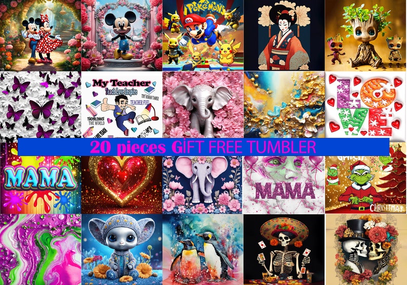 Puede incluir: Un collage de 20 dise&ntilde;os diferentes de pintura de diamantes. Los dise&ntilde;os incluyen personajes de pel&iacute;culas y dibujos animados populares, animales y patrones abstractos. Los dise&ntilde;os son todos coloridos y vibrantes. 20 piezas Regalo Vaso Gratis.