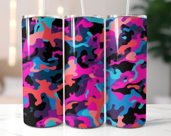 Kleurrijk camouflagebeker-wrapontwerp, 20oz skinny beker (png)