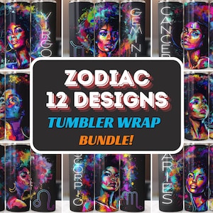 12 Zodiac Sign Affirmation 20 oz Skinny Tumbler Sublimation Designs Bundle PNGs