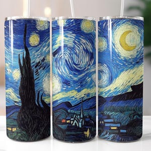 May include: Three stainless steel tumblers featuring a blue and yellow starry night design. The tumblers are insulated and have a lid.