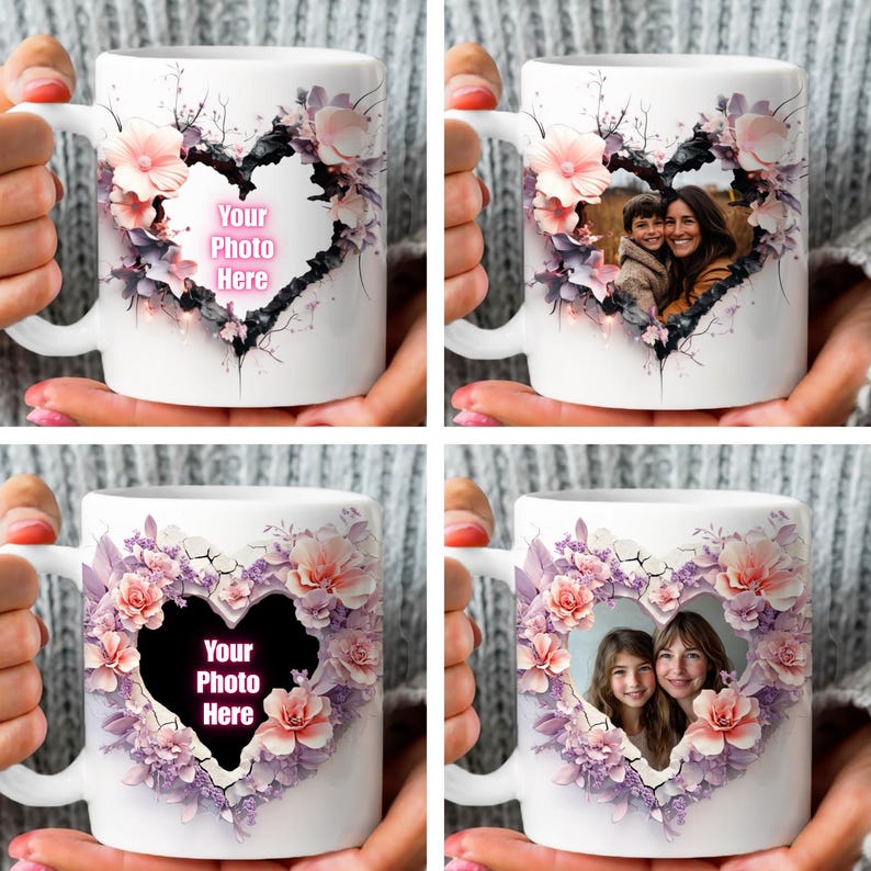 May include: White ceramic mug with a floral design surrounding a heart-shaped opening. The heart has a pink border and the text "Your Photo Here" inside. The mug is held by a hand.