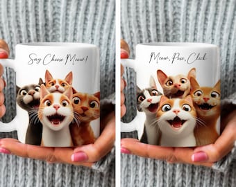 Mok wrap grappige kat – Say Cheese Meow-ontwerp – Leuke cartoonkatten – Cadeau voor kattenliefhebbers en huisdierbezitters – Sublimatiemokontwerp