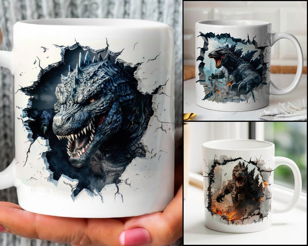 Godzilla 3D Effect Mug Wrap, 11 Oz & 15 Oz Mug Bundle Sublimation Wrap