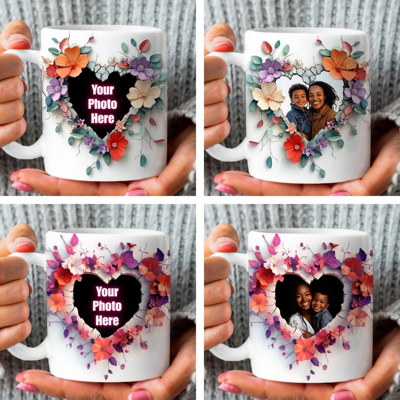 May include: White ceramic mug with a heart-shaped opening surrounded by colorful paper flowers. The heart-shaped opening has a photo of a mother and son inside. The text "Your Photo Here" is printed on the mug.