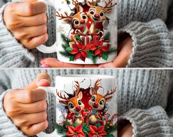 Schattige rendieren kerst paar mok, 11oz en 15oz mok sjabloon png, winter koffiekopje ontwerp, vakantie kerst mok wrap, kerst paar mok
