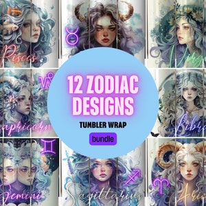 12 Zodiac Tumbler Wrap Design Bundle, 20 oz Sublimation Tumbler Design, 12 Zodiac Sign Affirmation Tumbler Wrap Bundle,