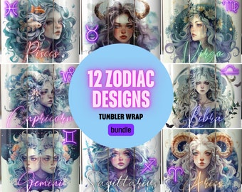 Zodiac Tumbler Wrap Design Bundel, 20 oz sublimatie (PNG-bestanden)