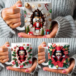 May include: Three white ceramic mugs with a Christmas theme. Each mug features a Nutcracker doll breaking through a wall of presents and Christmas decorations. The mugs are held by hands.