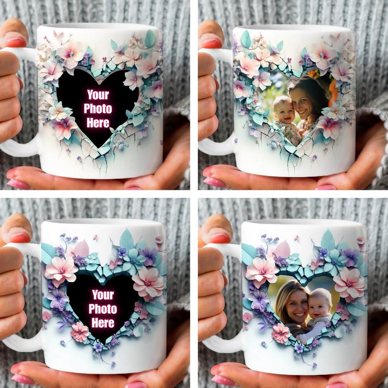 May include: White ceramic mug with a heart-shaped design featuring a floral pattern in shades of pink, blue, and green. The heart has a cutout where you can add your own photo. The text "Your Photo Here" is written in pink inside the heart.