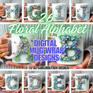 3D Floral Alphabet Mug Wrap PNG, Pastel Flower Letters, Butterfly Monogram, 11oz 15oz Mug Wrap, Digital Sublimation, Custom Name Mug