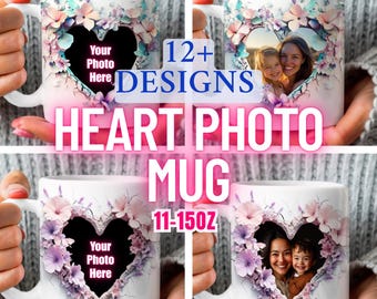 3D-mokomslag met bloemenhartgat, mok foto Moederdag, 11oz 15oz moksjabloon, mok gebarsten muur, aangepaste foto mokomslag, sublimatieontwerp