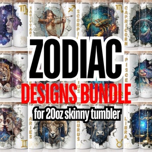 Pakiet 12 kubków z napisem Zodiac Tumbler Wrap Png, Pakiet 12 kubków z napisem Zodiac Sign Affirmation 20 oz Skinny Tumbler Sublimation Designs PNG,