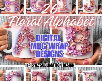 3D bloemen alfabet mokomslag png, pastel bloem letters, vlinder monogram, 11oz 15oz mokomslag, digitale sublimatie, aangepaste naam mok