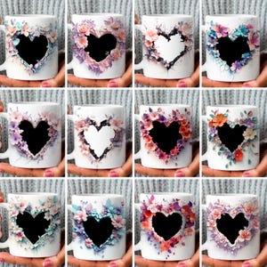 May include: Twelve white ceramic mugs with a heart-shaped cutout surrounded by colorful paper flowers. Each mug has a different color scheme and flower arrangement.