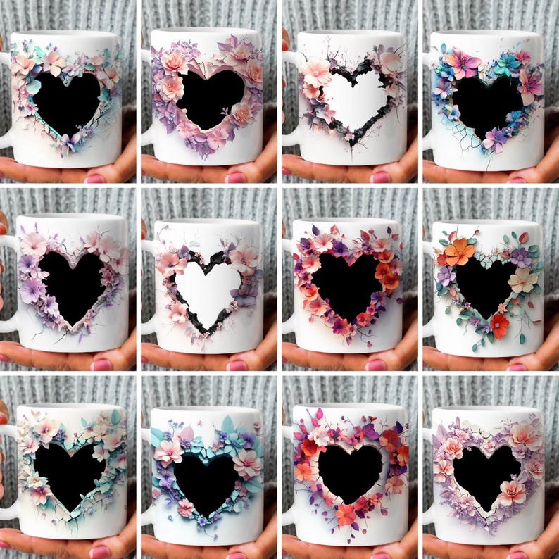May include: Twelve white ceramic mugs with a heart-shaped cutout surrounded by colorful paper flowers. Each mug has a different color scheme and flower arrangement.