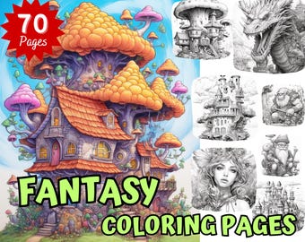 70 páginas para colorear de fantasía, casa de hadas, bosque (descarga instantánea en PDF)