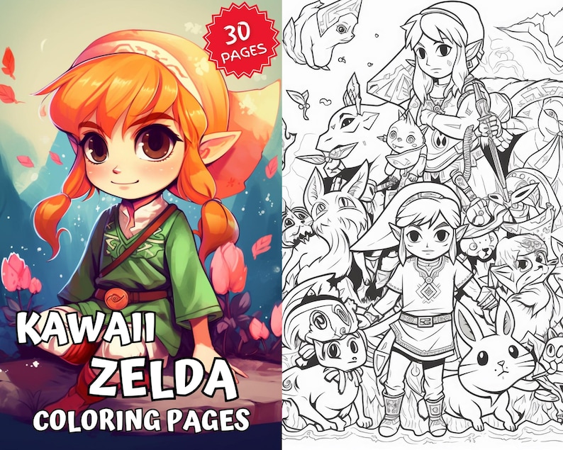 May include: A coloring book featuring a cute, cartoon-style illustration of Link and Zelda from the Legend of Zelda video game series. The cover features a chibi-style Zelda with orange hair and a green tunic. The book includes 30 pages of coloring fun.
