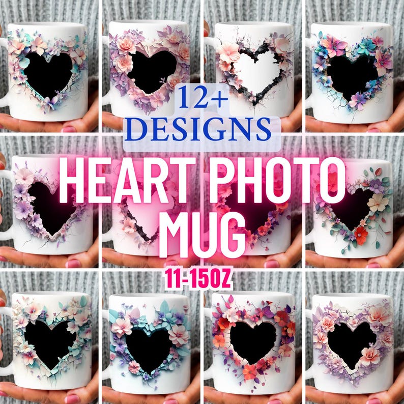 May include: Twelve plus designs of white ceramic mugs with a heart-shaped cutout decorated with colorful flowers. The mugs are 11-15 ounces and feature a black heart-shaped space for a photo.