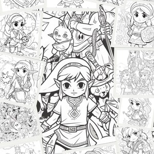 May include: A collection of black and white coloring pages featuring various characters from the Legend of Zelda video game series. The characters are depicted in a cartoon style and include Link, Zelda, and other iconic figures from the franchise.
