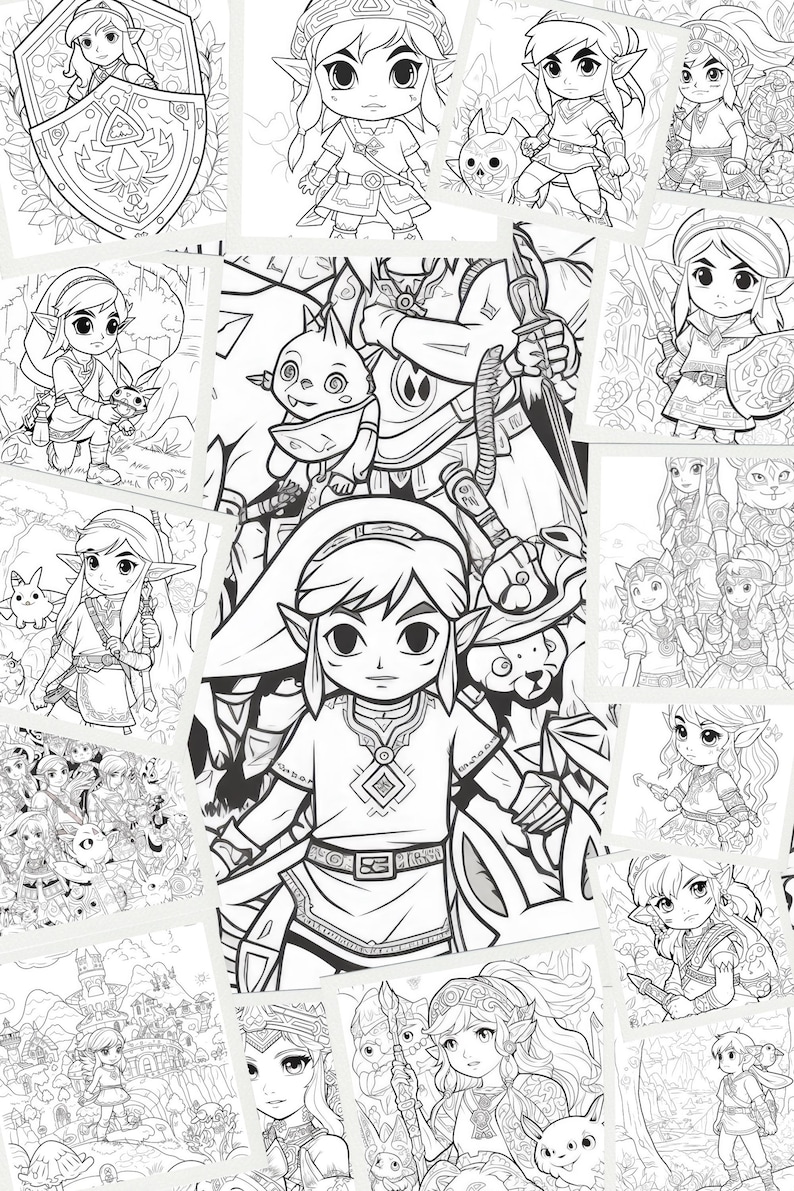 May include: A collection of black and white coloring pages featuring various characters from the Legend of Zelda video game series. The characters are depicted in a cartoon style and include Link, Zelda, and other iconic figures from the franchise.