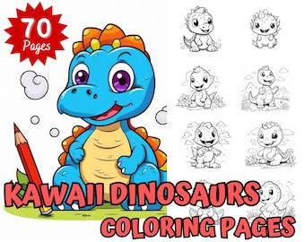 Kawaii Dinosaurs Coloring Pages, 70 Printable Pages (PDF Version)