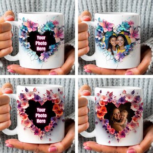 May include: White ceramic mug with a heart-shaped design made of colorful flowers. The heart is cracked and a photo can be inserted in the center.