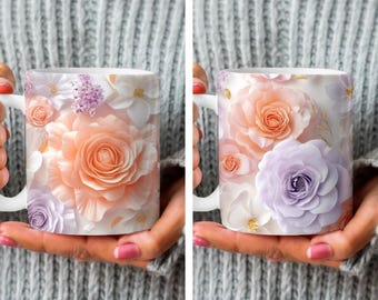 Bundel met elegante roos mok | Digitaal mokontwerp met bloemen | Pastelbloemen, png | Sublimatiemok downloaden