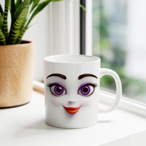 May include: White ceramic mug with a cartoon face printed on it. The face has purple eyeshadow, purple eyes, and a red smile.